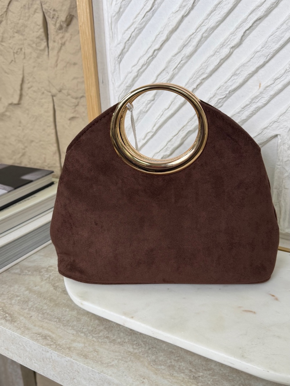 Haute Hippie Chocolate Brown Suede Clutch with Gold Ring Handle - Picture 10 of 16
